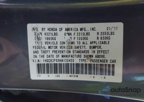 2017 Honda Accord Ex-L z USA, uszkodzony, nr VIN 1HGCR2F9XHA135420